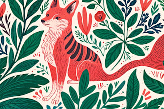 make animal and botanical linocut doodle illustration