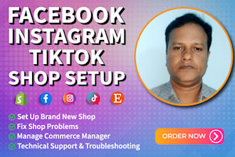 setup facebook, instagram and tiktok shops, fix rejections and sync with shopify