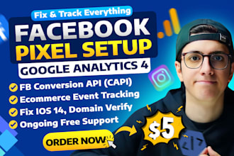setup meta facebook pixel conversion api, google analytics 4 ecommerce tracking