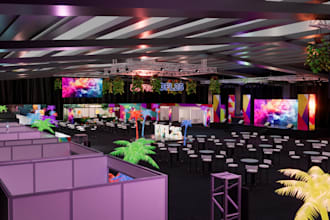 design a 3d event floorplan, exhibition, stage, booth