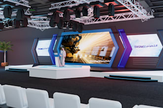 design a 3d event floorplan, exhibition, stage, booth