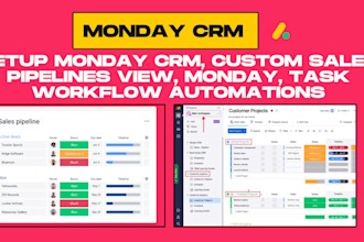setup monday CRM, custom sales pipelines view, monday, task workflow automations