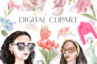 create digital watercolor clipart flowers, fruits,  lifestyle objects