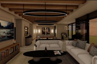 be 3d living room interior design,bathroom model,sustainable exterior, landscape