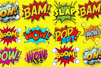 create pop art, funko, vintage, retro, 80s, 90s logo and words text comic style