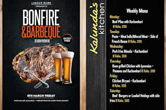 design restaurant menus, food flyers, posters, promotional banners, table tents