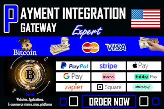 setup paypal payment, stripe, zappier integration, bitcoin payment, gpay, square