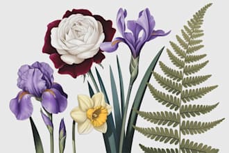 create botanical illustration of flowers, plants, and fruits