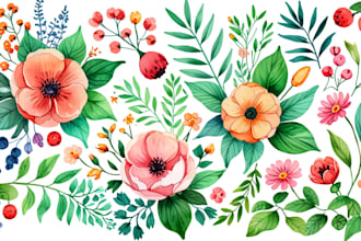 create watercolor botanical flowers, plants and fruits illustrations
