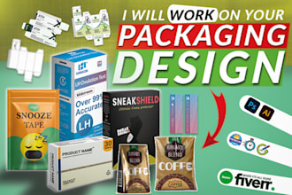 design packaging box, label, pouch, and packet design