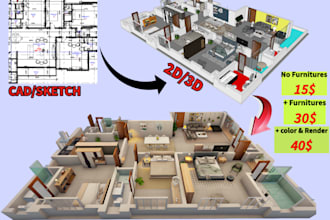 make 3d foor plan, 2d floor plan and render