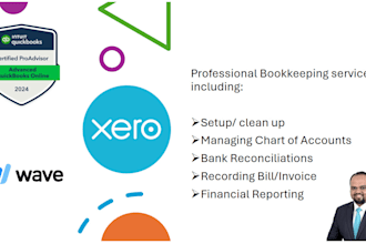do bookkeeping using quickbooks online, xero, wave and excel