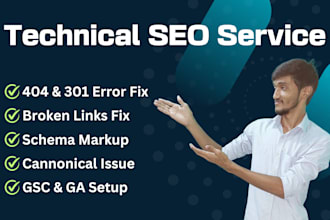fix 404 error, schema markup, 301 redirect, broken links and canonical issues