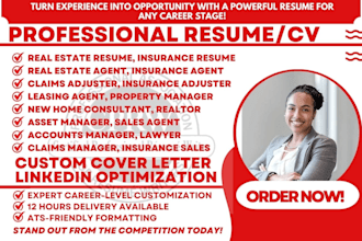 write real estate, insurance resume, claims adjuster property manager, agent CV