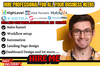 setup hubspot crm gohighlevel clickfunnels  groove funnel kartra pipelinepro VA