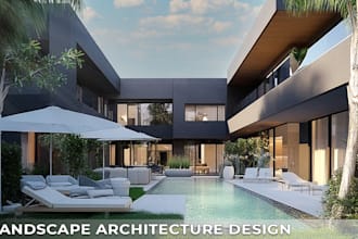 design the landscape, pool area, BBQ garden, and rendering realistic
