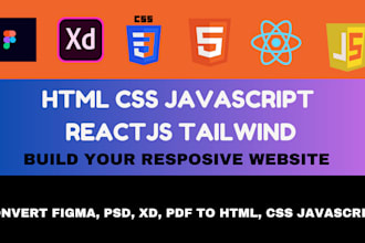 convert figma, PSD, pdf, image, xd to html, css, tailwind, react, responsive web