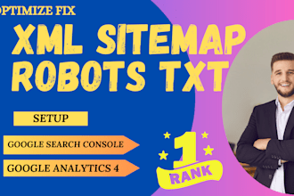 fix XML sitemap, robots txt and setup, g4 analytics for your website