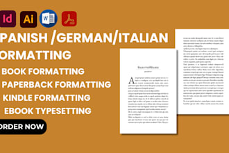 do spanish book formatting, publish german ebook, italian book layout design kdp