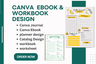 design canva journal, custom planner, calendar, worksheet, workbook in canva