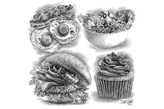 create pen and ink illustrations of foods and drinks