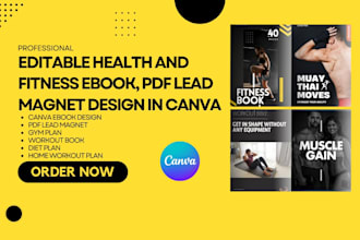 do canva health, fitness ebook design, workout plan, pdf lead magnet, journal