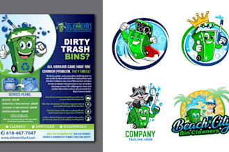 make unique trash bin cleaning business logo and flyer