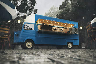 design 3d food truck kiosk, container, van, stall, stand, booth, bus, kiosk