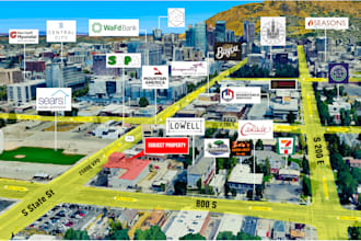 design retail trade aerial map with site arrow, drone property boundary