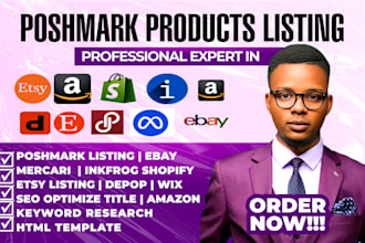 do product listings, SEO on ebay, mercari, poshmark, shopify, and etsy,