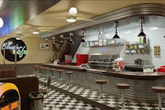 redesign and render restaurant, kitchen, bar, cafe interior design to modern