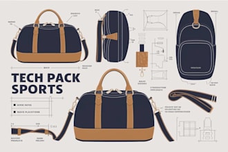 create detailed tech packs for bags, ipad,  laptop specialization bag designs