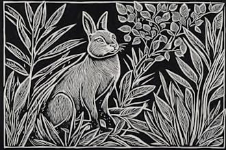draw a linocut of an animal or a plant in line art