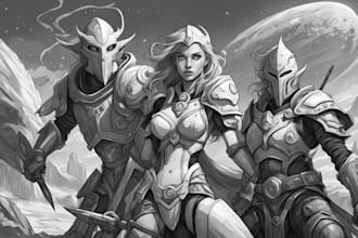 create beautiful black and white illustration fantasy, scifi
