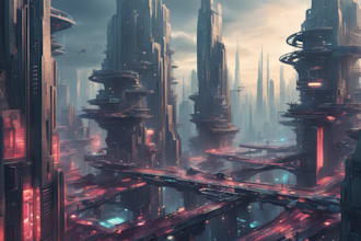 design sci fi illustration of futuristic cyberpunk city
