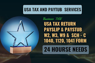 prepare income tax return form 1040, 1099, 1120, 5472, w2,w3 paystub, schedule c