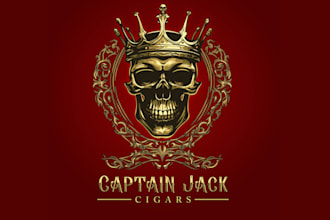 design black gold skull cigar brand captain jack logo design