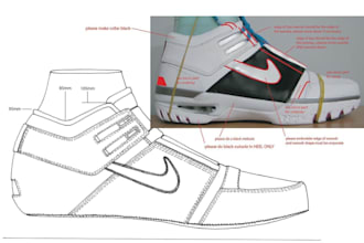 design shoe tech pack design for sneakers, footwear and technical drawings