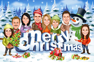 draw christmas cartoon caricature, group christmas, holiday cards,christmas card