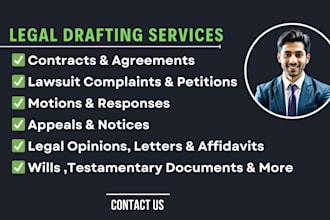draft complaint, motion, petition, answer, appeal, brief, memo, contract, notice