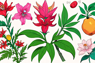 draw botanical illustrations of flowers, plants, fruits