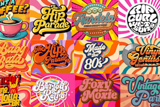 design 70s retro, psychedelic, hippie, funky font typography logo and t shirt