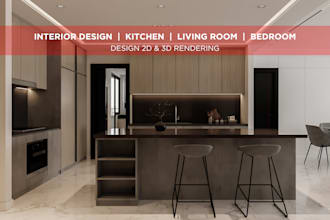 design a modern living room, kitchen, and bedroom interior