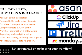 setup workflow integration automations with clickup asana trello monday crm jira