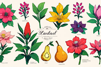 draw botanical illustrations of flowers, plants, fruits