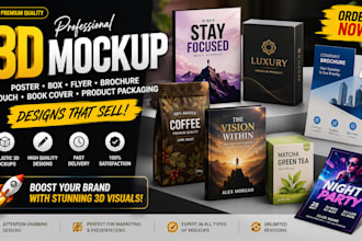 do 3d mockup poster box flyer brochure pouch design book cover product packaging