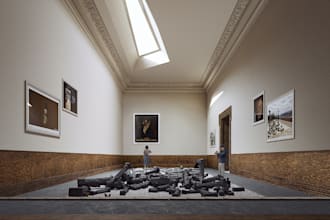 design 3d art gallery, cultural center, 3d exhibition room, realistic render,cgi