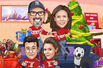 make group christmas cartoon caricature for a gift and christmas card