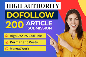 build manually 200 unique domain article submission on high authority sites