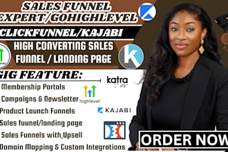 setup clickfunnels sales funnel, gohighlevel landing page, kajabi, kartra funnel